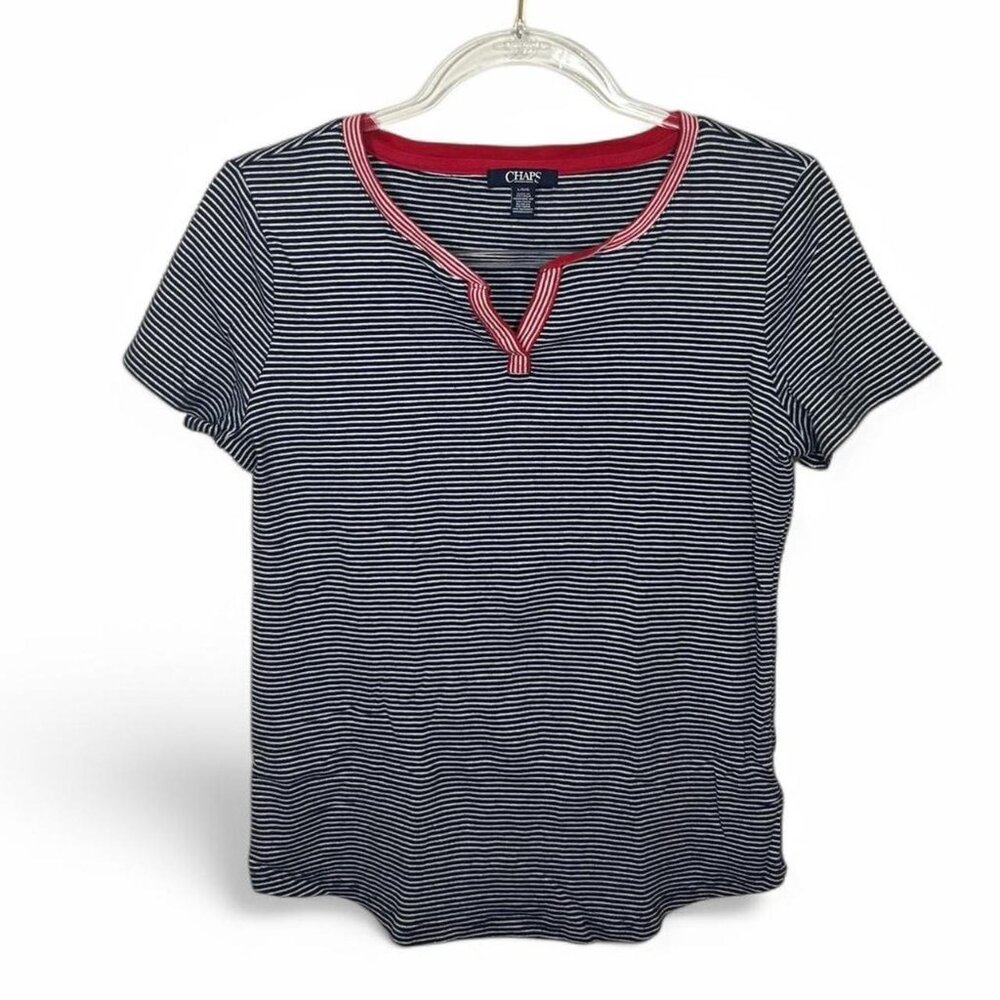 Chaps‎ Navy & White Striped T-Shirt V-Neck With Red Trim